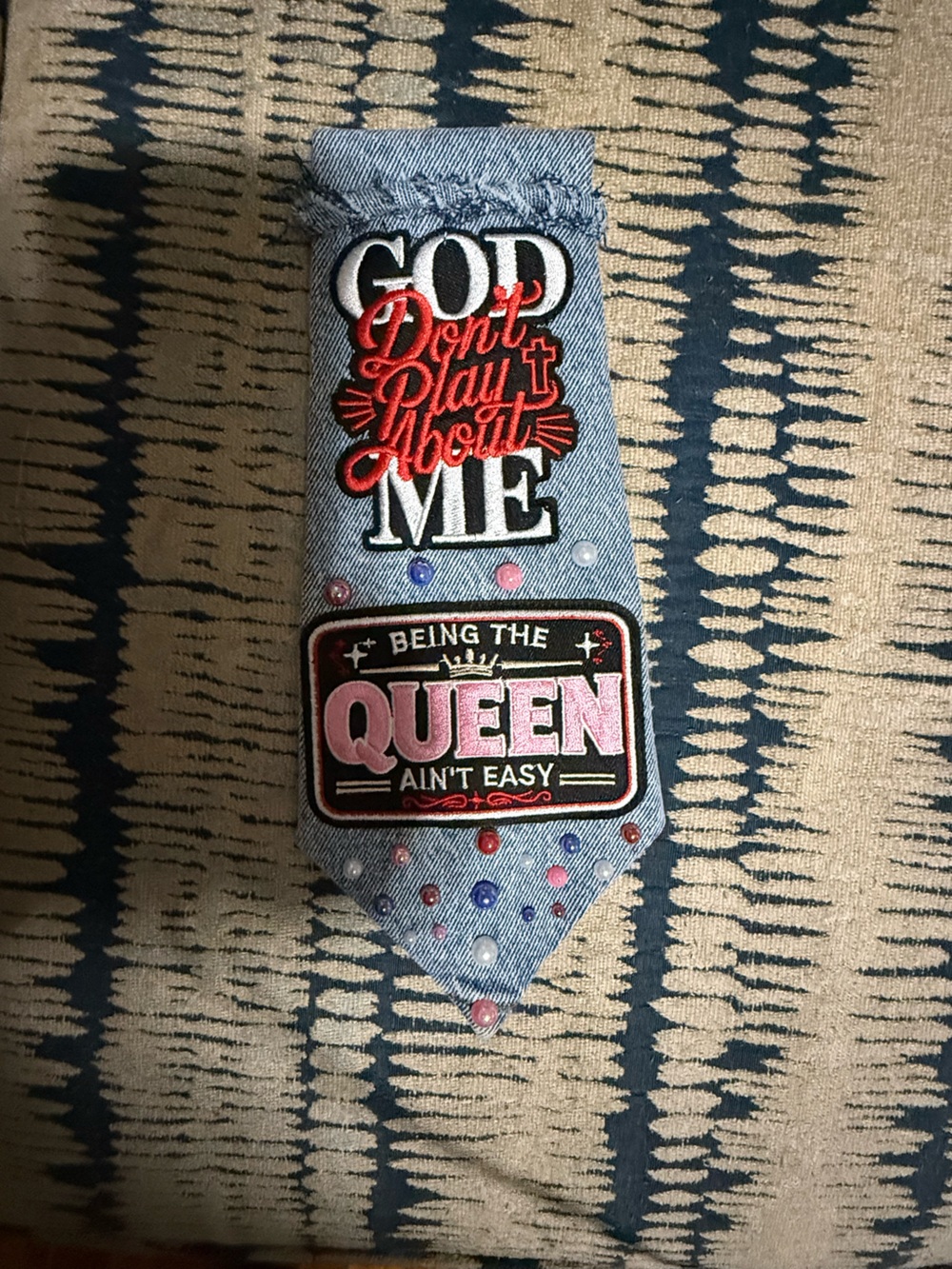 Denim Patch Tie with Pink & Red Embroidery - Unbranded
